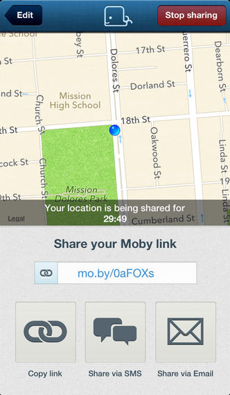Screenshot of the Moby Simple Location Sharing iOS app.